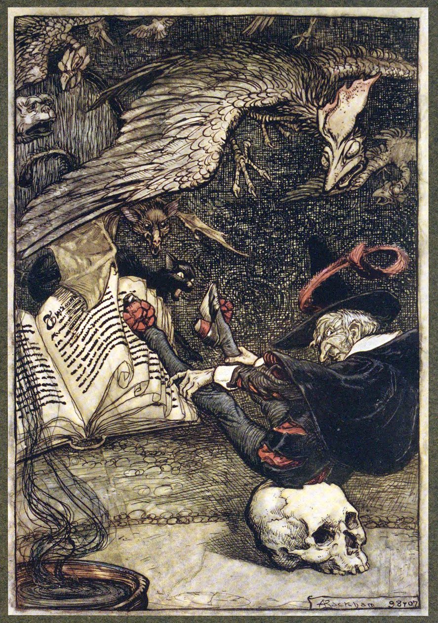 Den lille mand havde sat sig i midten af cirklen på det store kranium, fra The Ingoldsby Legends, pub. 1907 af Arthur Rackham
