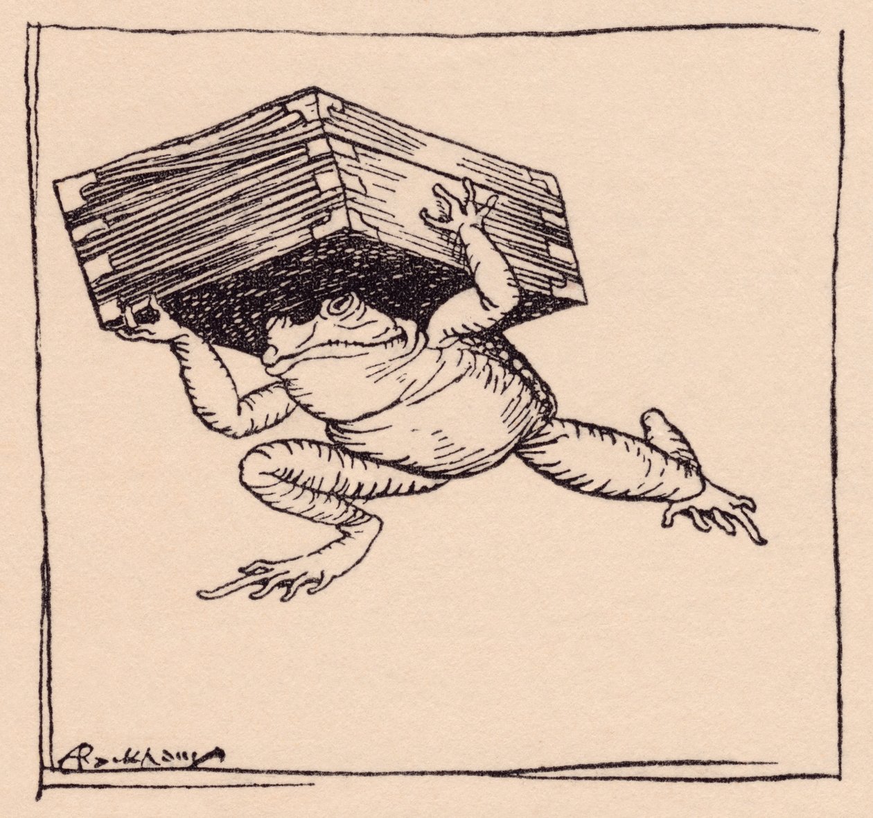 Den lille gik hen og kom med kassen. Illustration af Arthur Rackham fra Grimm