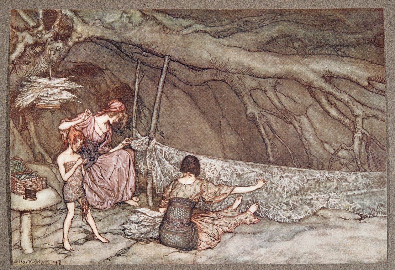 De små mennesker væver deres sommergardiner af skeletblade .. , fra Peter Pan i Kensington Gardens af J M Barrie (1860 - 1937), pub. 1906 af Arthur Rackham