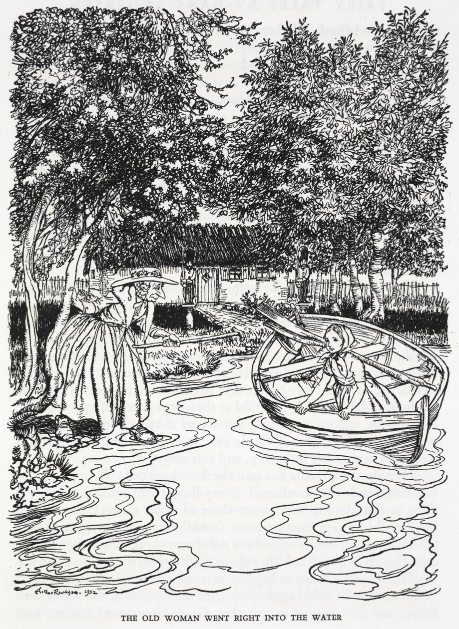 "Den gamle kone gik lige i vandet". Illustration til 