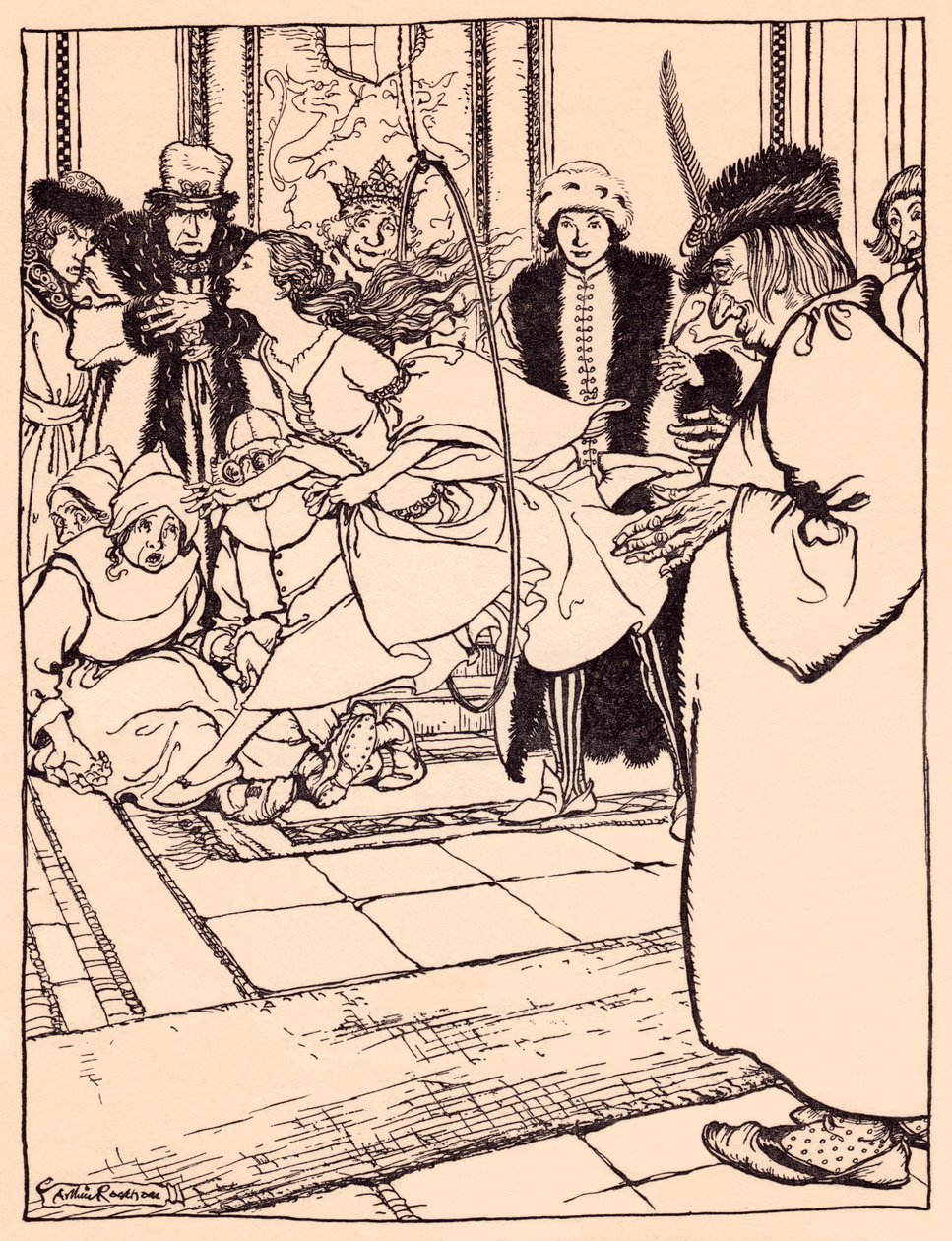 Den smukke pige sprang gennem bøjlen så let som en hjort. Illustration af Arthur Rackham fra Grimms eventyr, De tre fjer. af Arthur Rackham