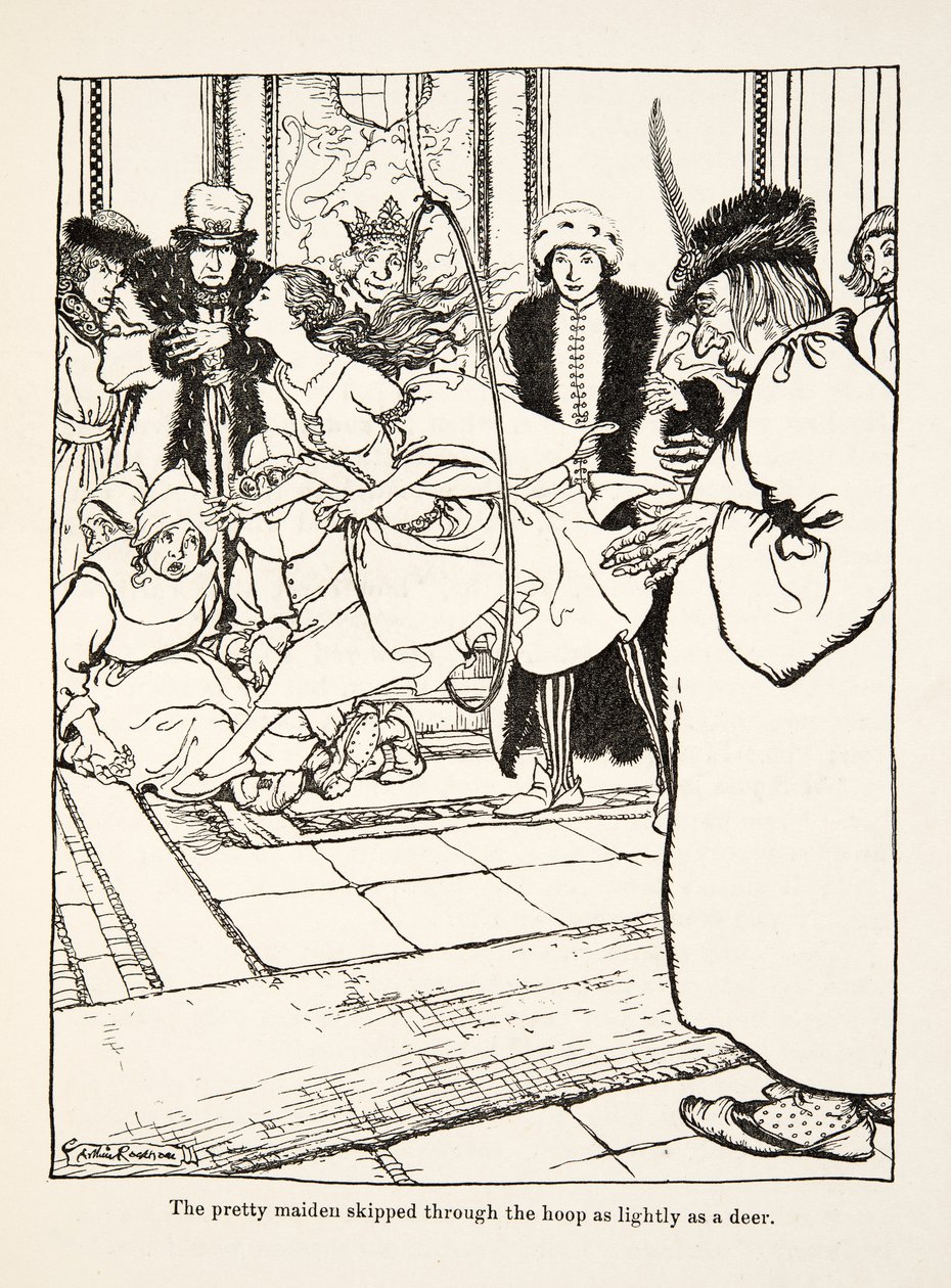 Den smukke jomfru sprang gennem bøjlen så let som en hjort, fra Little Brother & Little Sister and Other Tales af brødrene Grimm, pub.1917 (litho) af Arthur Rackham