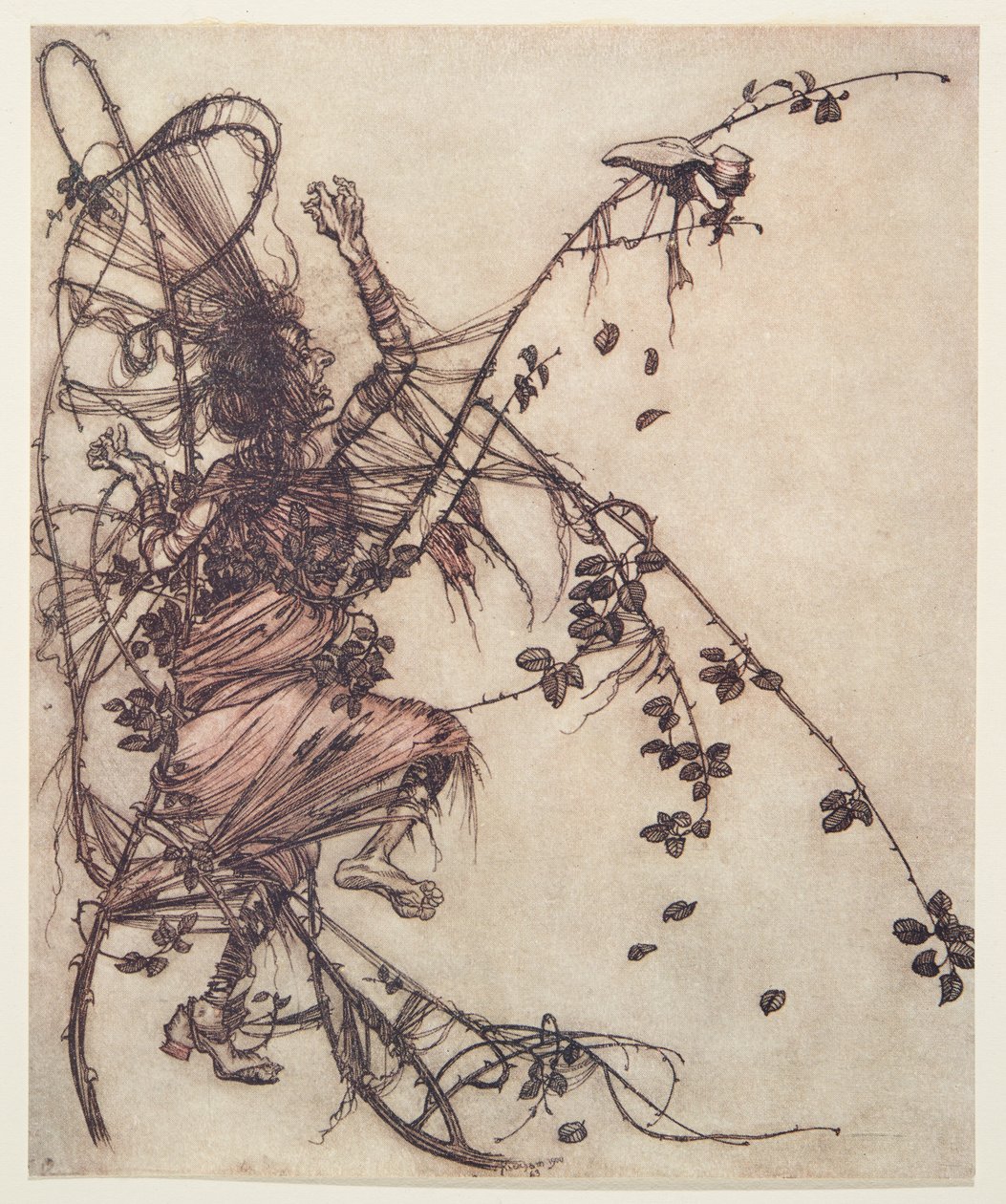 Jo hurtigere han spillede, jo højere måtte hun hoppe fra Brødrene Grimms eventyr, pub. 1909 af Arthur Rackham