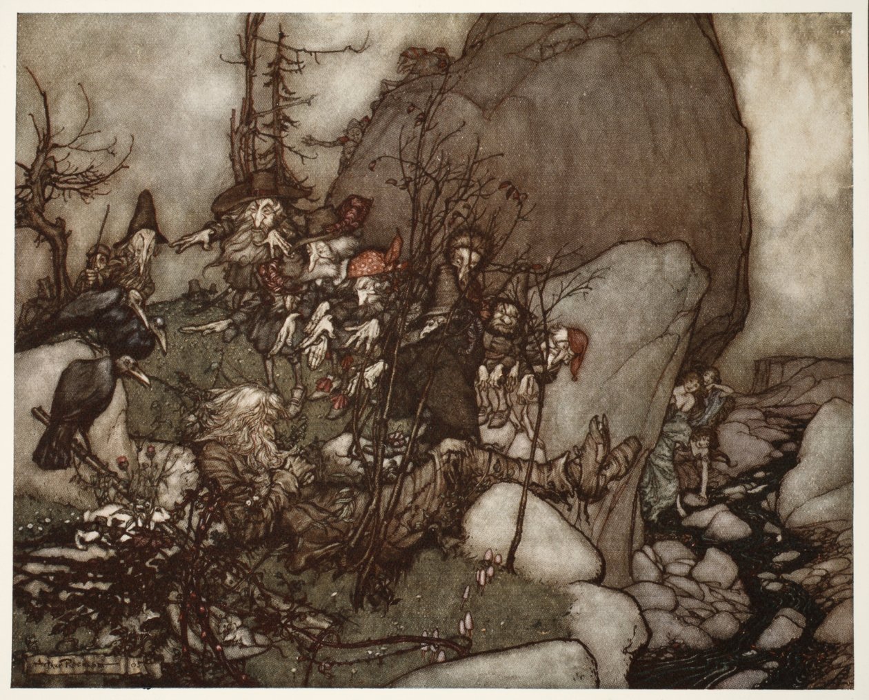 The sleep of Rip Van Winkle., fra Rip Van Winkle af Washington Irving, pub. 1910 af Arthur Rackham