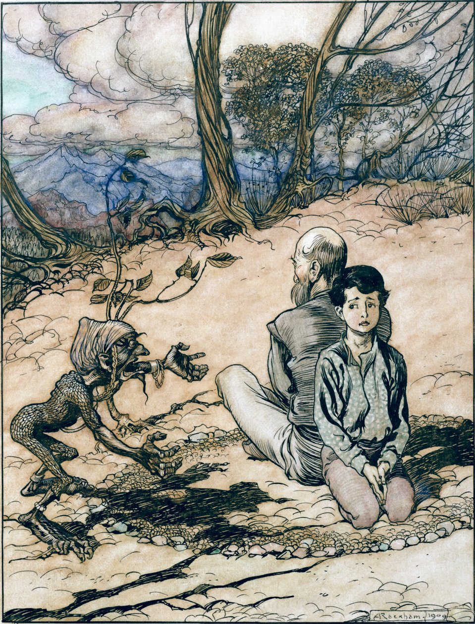Sønnen lavede en cirkel, og hans far og han tog plads inden i den, og den lille sorte mannek dukkede op, illustration fra Kongen af Det Gyldne Bjerg i Brødrene Grimms eventyr, af Arthur Rackham