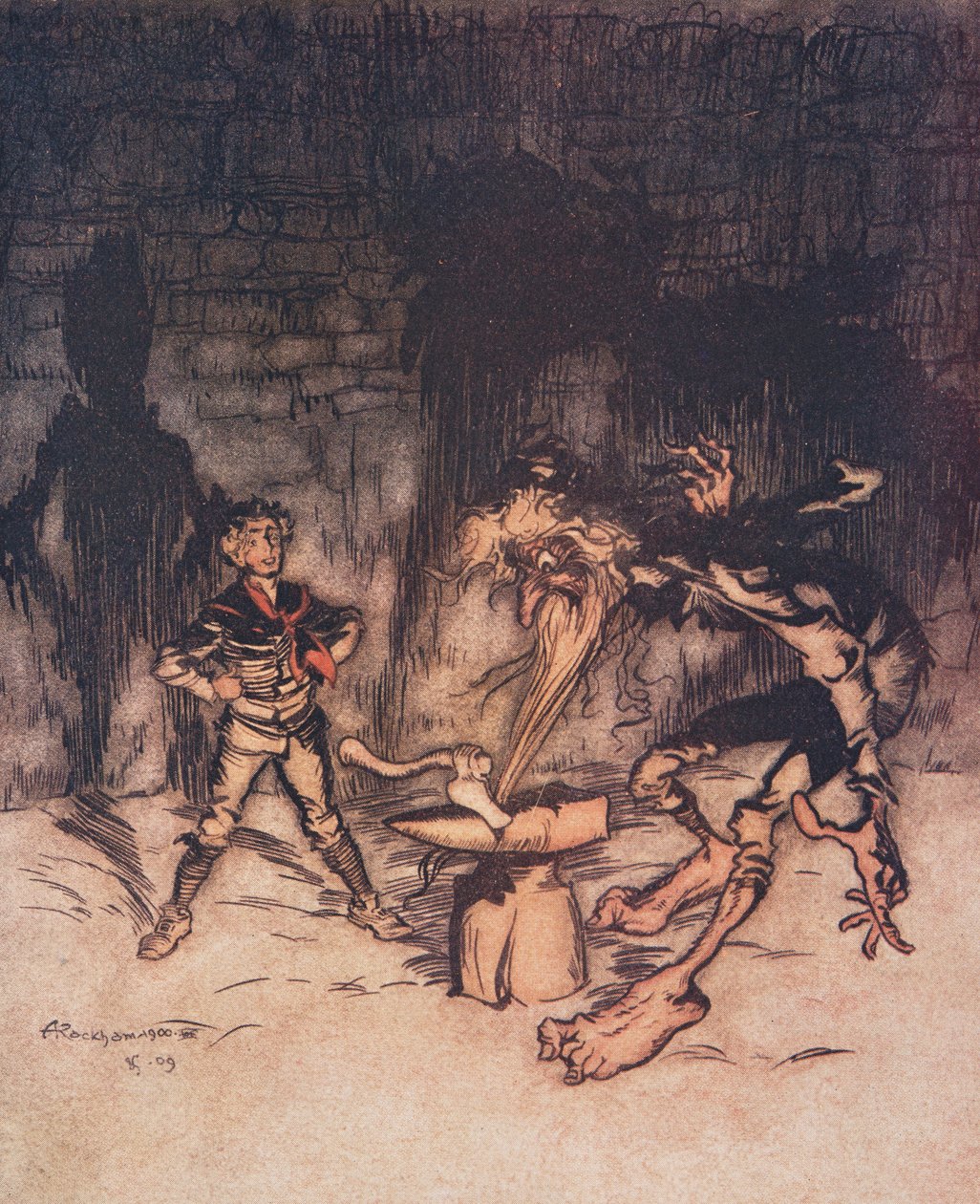 Ungdommen tog øksen og flækkede ambolten med et slag og fangede den gamle mands skæg på samme tid, fra The Fairy Tales of the Brothers Grimm, pub. 1909 af Arthur Rackham