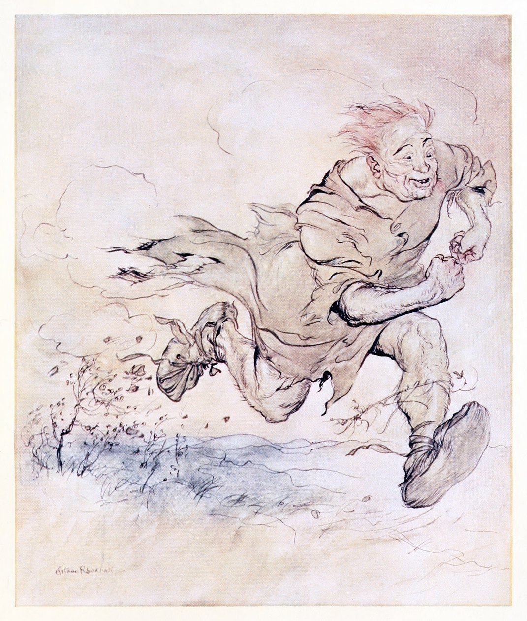Dunken fra hans store støvler voksede lige så vedvarende som haglklappen på et tag, og vinden fra hans gang blæste træer ned. fra The Carl of the Drab Coat i Irish Fairy Tales af Arthur Rackham