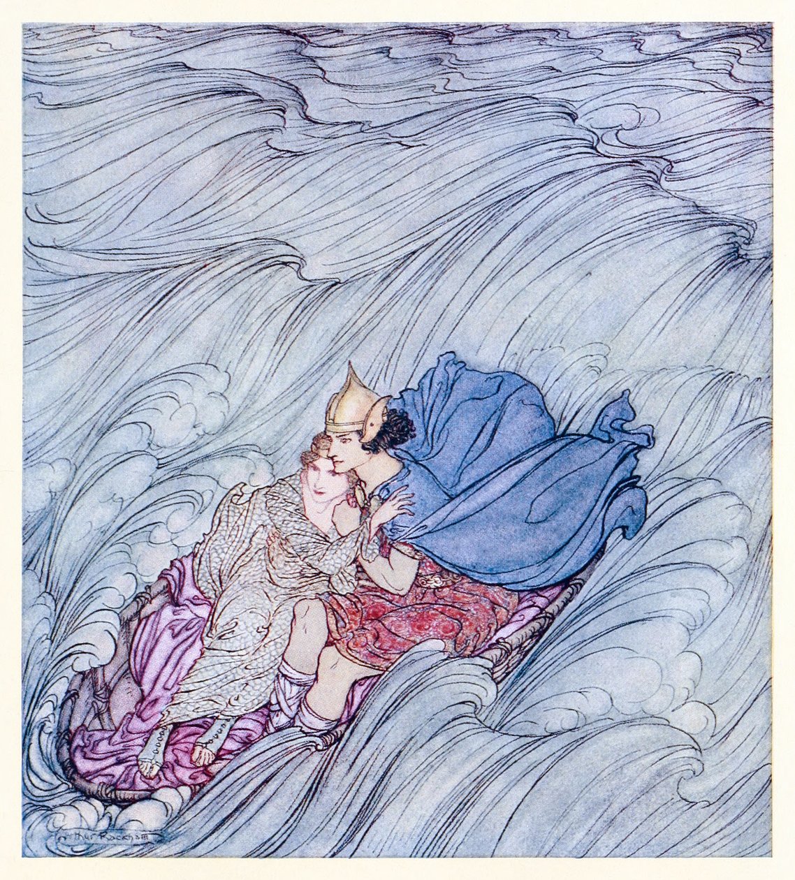 Alverdens bølger så ud til at hvirvle forbi dem i ét enormt grønt tæppe fra Becuma of the White Skin in Irish Fairy Tales af Arthur Rackham
