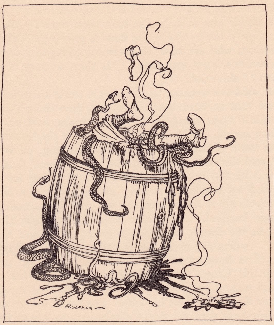 Den onde svigermor blev puttet i en tønde fuld af kogende olie og giftige slanger. Illustration af Arthur Rackham fra Grimms eventyr, De tolv brødre, udgivet i slutningen af det 19. århundrede. af Arthur Rackham