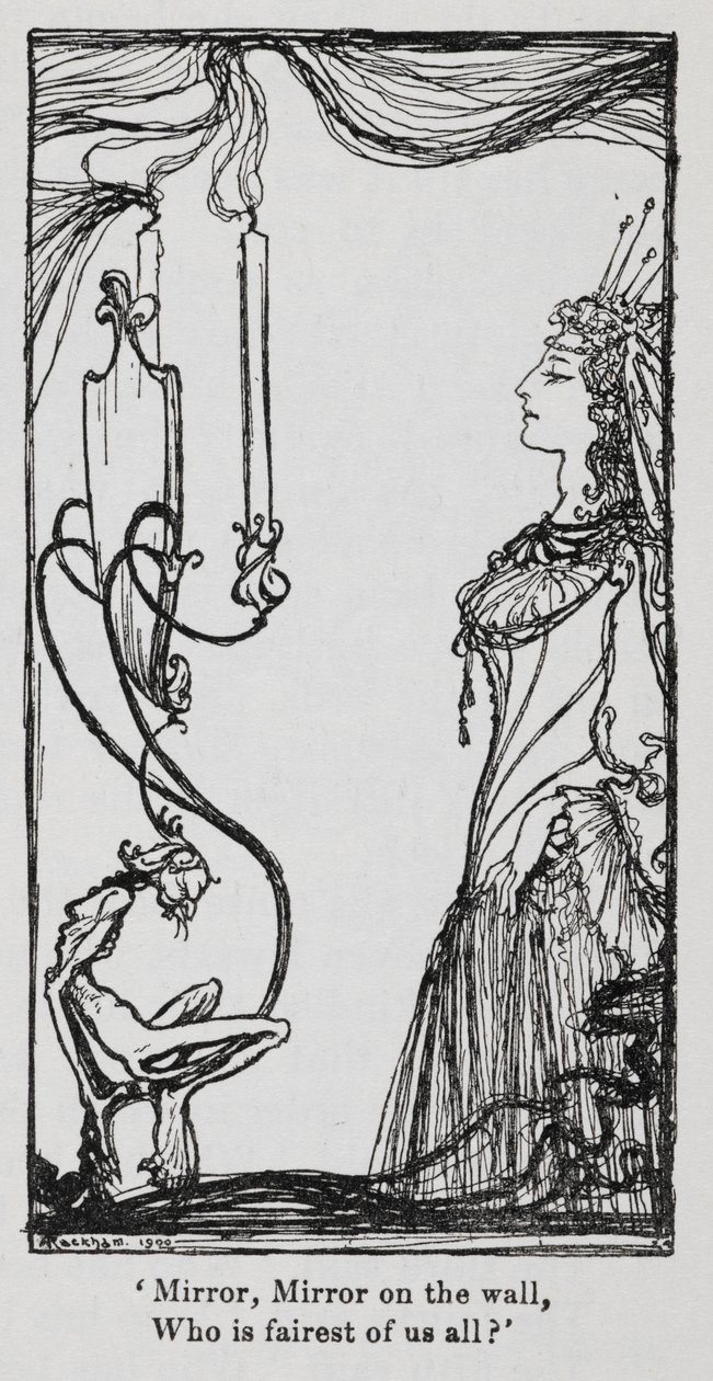 Den onde dronning ser på sig selv i spejlet fra Snowdrop (Snehvid) af Arthur Rackham