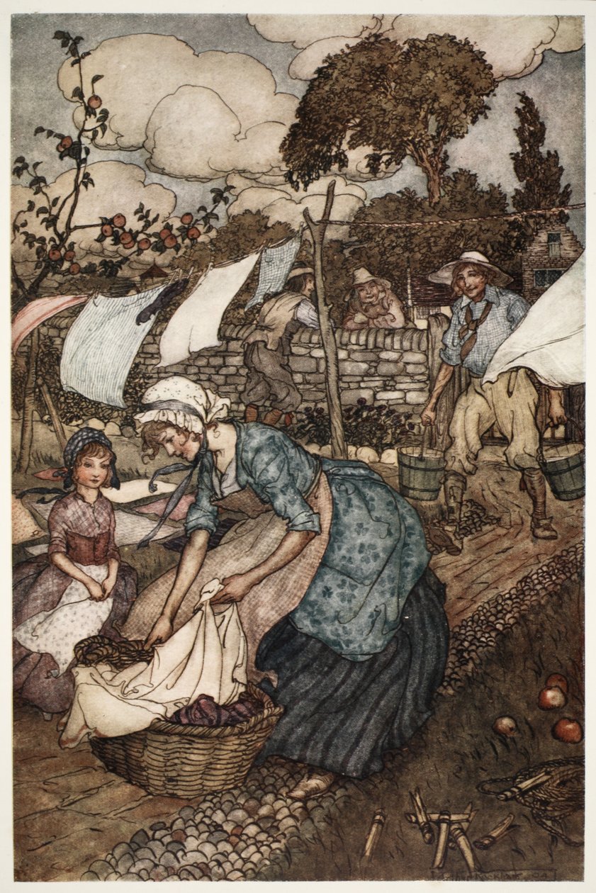 Kvinderne i landsbyen plejede at ansætte ham til at udføre så små sære opgaver, som deres mindre imødekommende ægtemænd ikke ville gøre for dem., fra Rip Van Winkle af Washington Irving, pub. 1910 af Arthur Rackham