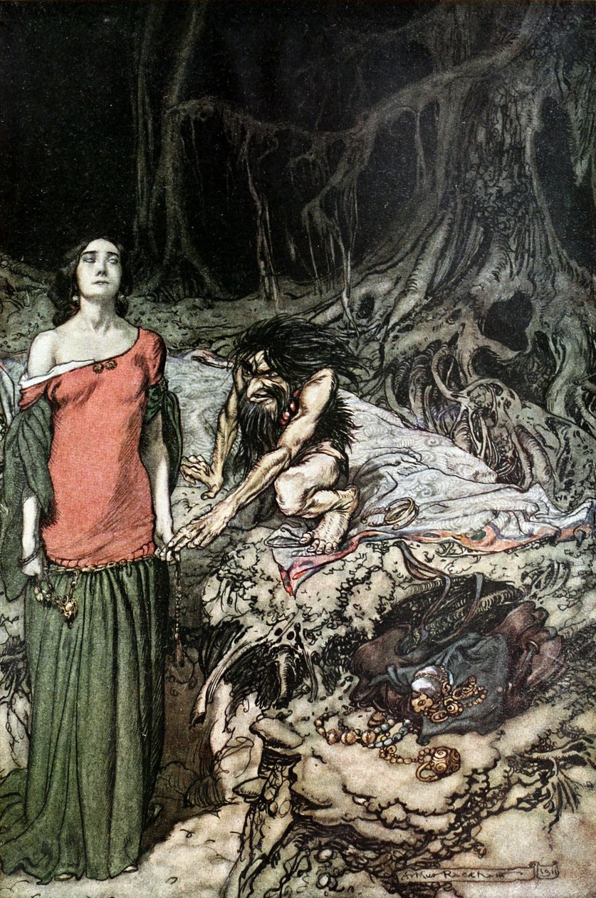 Bejlen til Grimhilde, Hagens mor. Illustration til Siegfried og The Twilight of the Go af Arthur Rackham