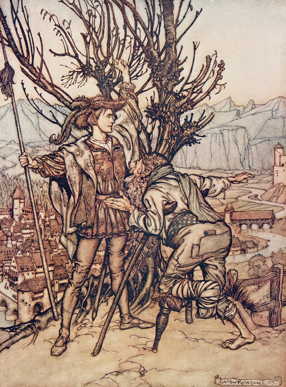 Den unge Prins sagde, jeg er ikke bange; Jeg er fast besluttet på at gå og se på den dejlige Briar Rose ?, fra The Fairy Tales of the Brothers Grimm, pub. 1909 af Arthur Rackham
