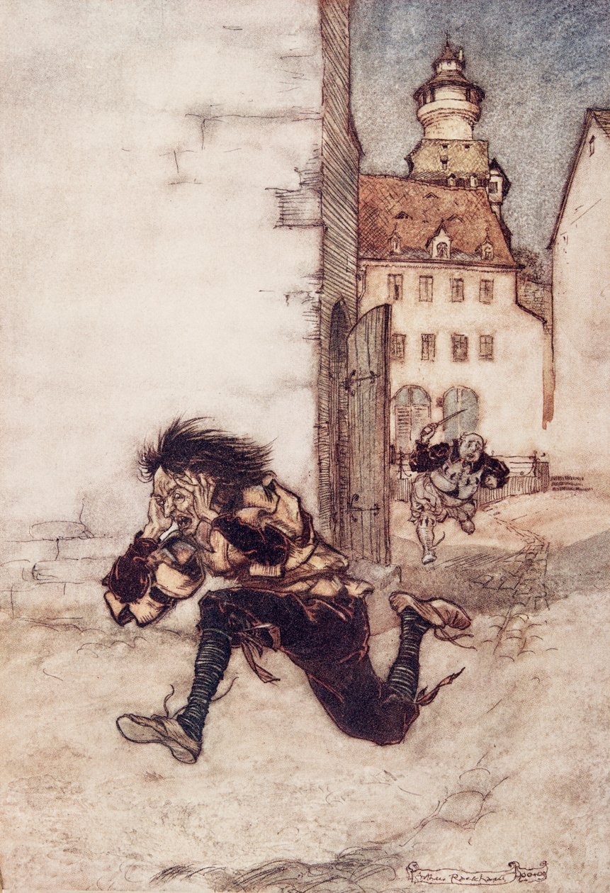Så løb han efter ham, stadig med udskæringskniven, og græd Kun én, kun én! fra The Fairy Tales of the Brothers Grimm, pub. 1909 af Arthur Rackham