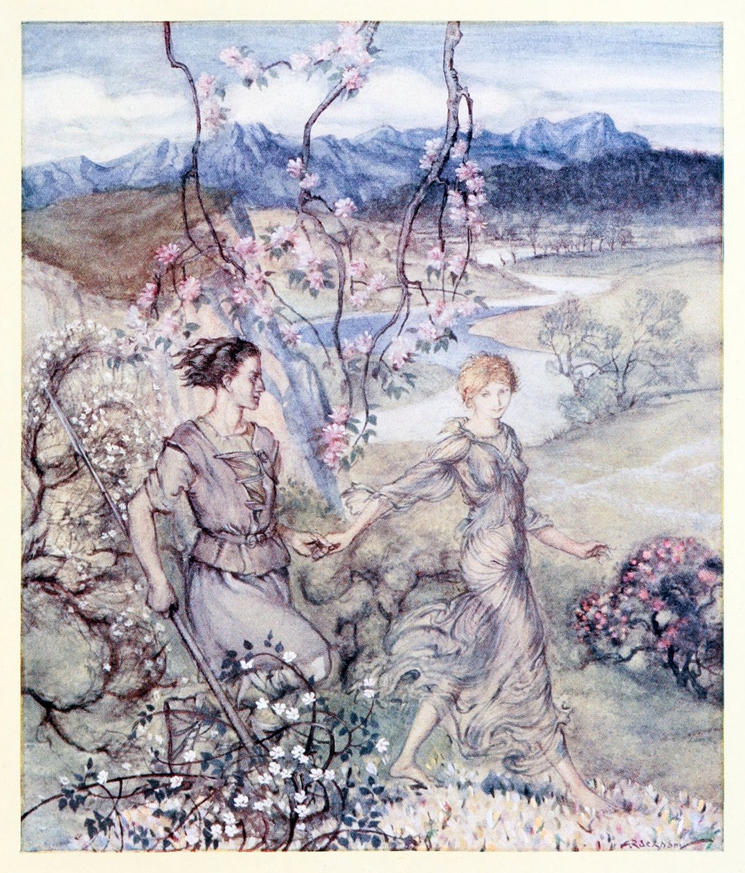 Så gik de [Iollan og Tuiren] hånd i hånd i det land, der dufter af æbleblomst og honning. fra The Birth of Bran i Irish Fairy Tales af Arthur Rackham