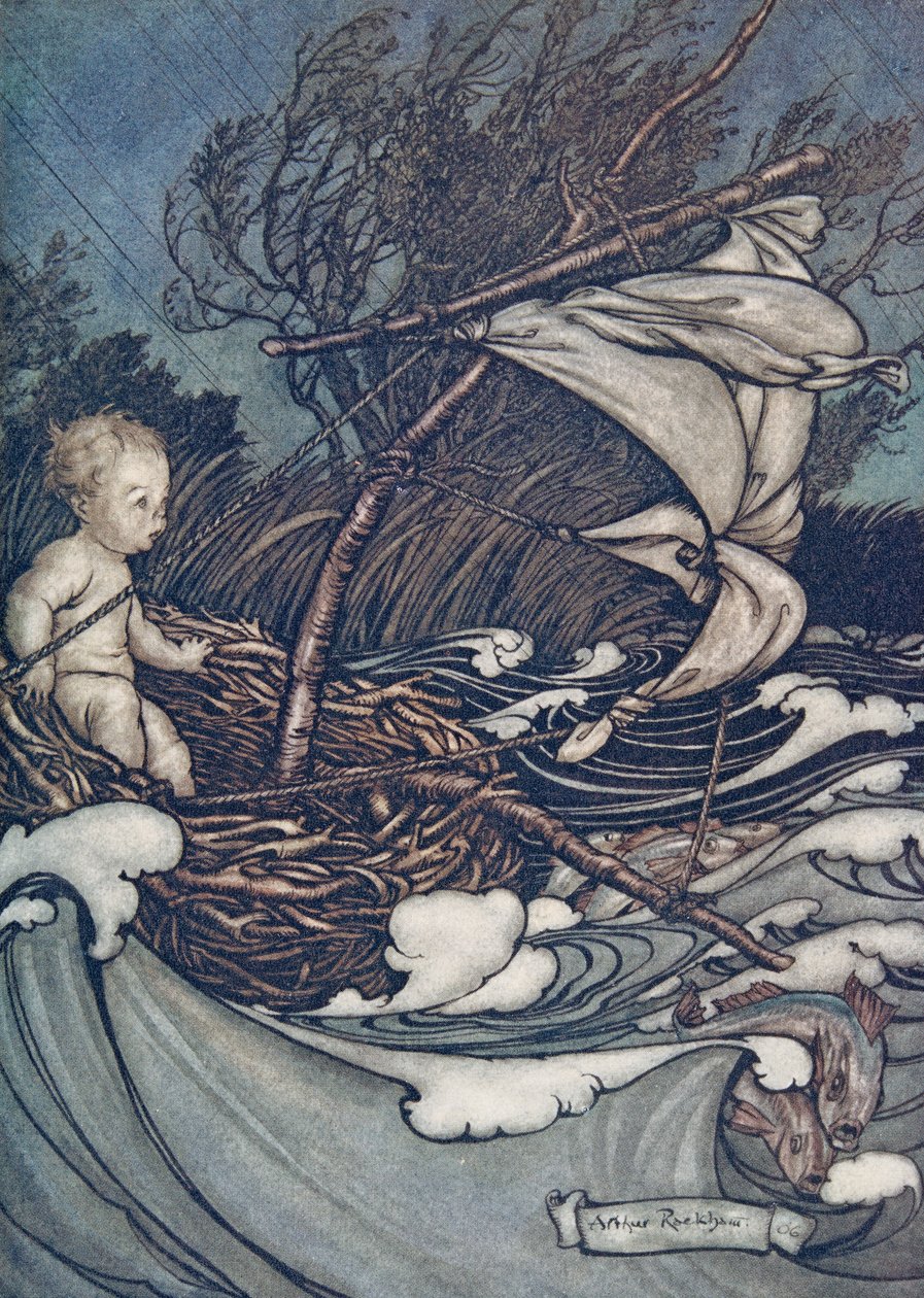 Der rejste sig nu en mægtig storm, og han blev smidt den og den vej.., fra Peter Pan i Kensington Gardens af J M Barrie (1860 - 1937), pub. 1906 af Arthur Rackham