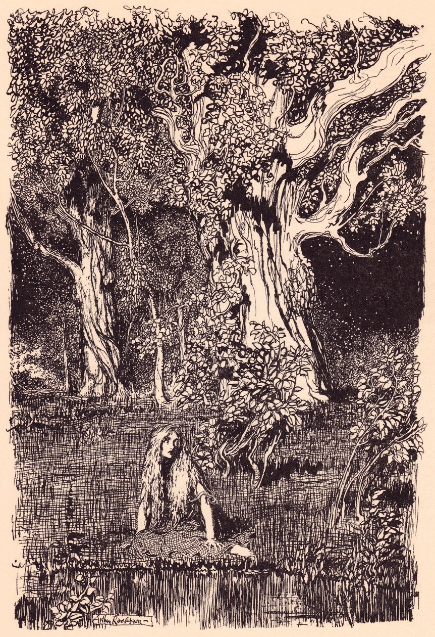 Der sad hun og ville være blevet siddende længe, hvis der ikke havde været et raslen og revne i grenene på det nærmeste træ. Illustration af Arthur Rackham fra Grimm