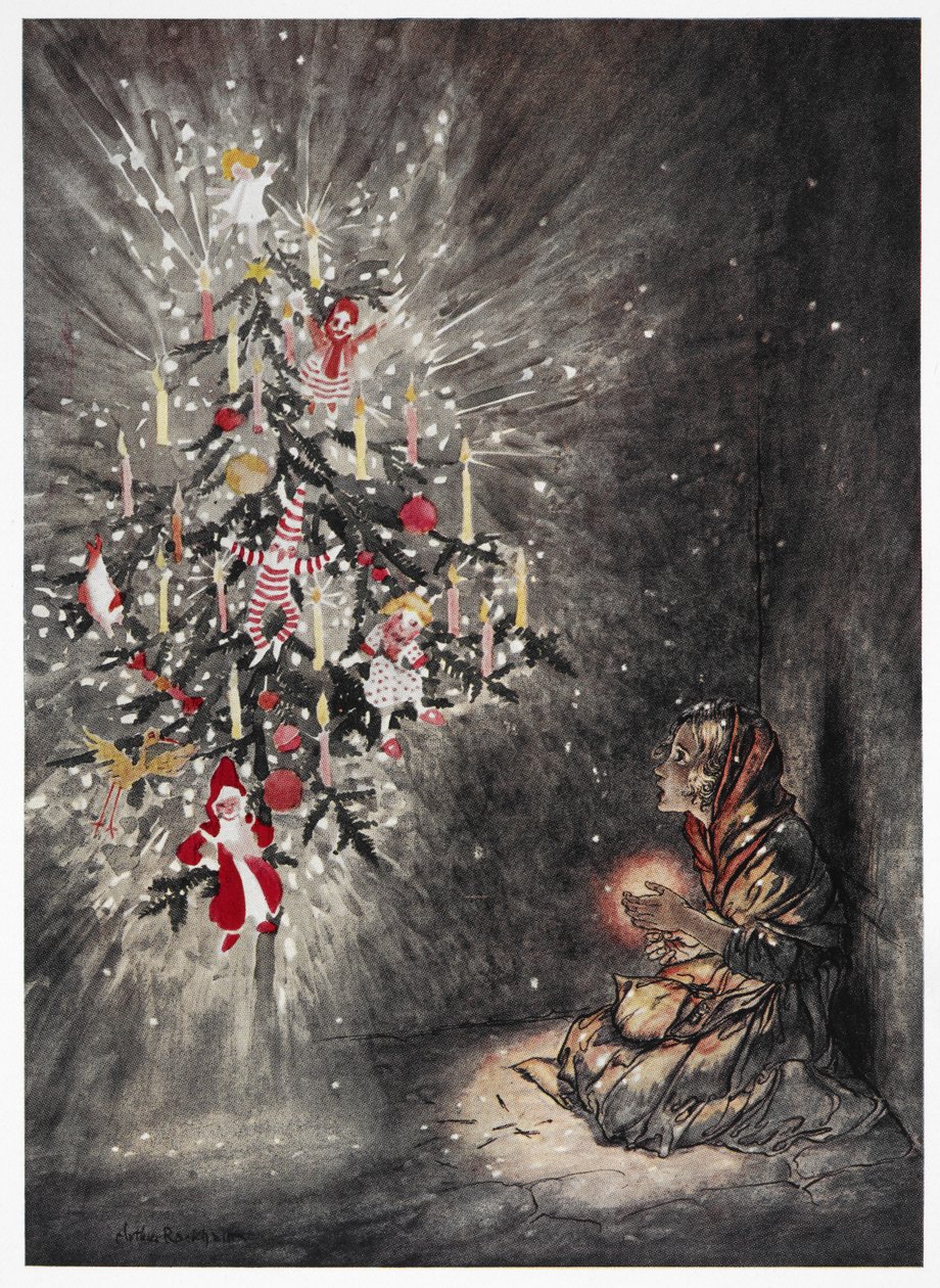 Der sad hun under det smukke juletræ«. En ung pige ser på et stærkt oplyst juletræ. Farveillustration til historien, 