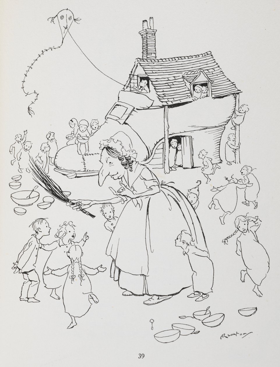 Der var en gammel dame, der boede i en sko. Kvinde med skohus og mange børn. af Arthur Rackham
