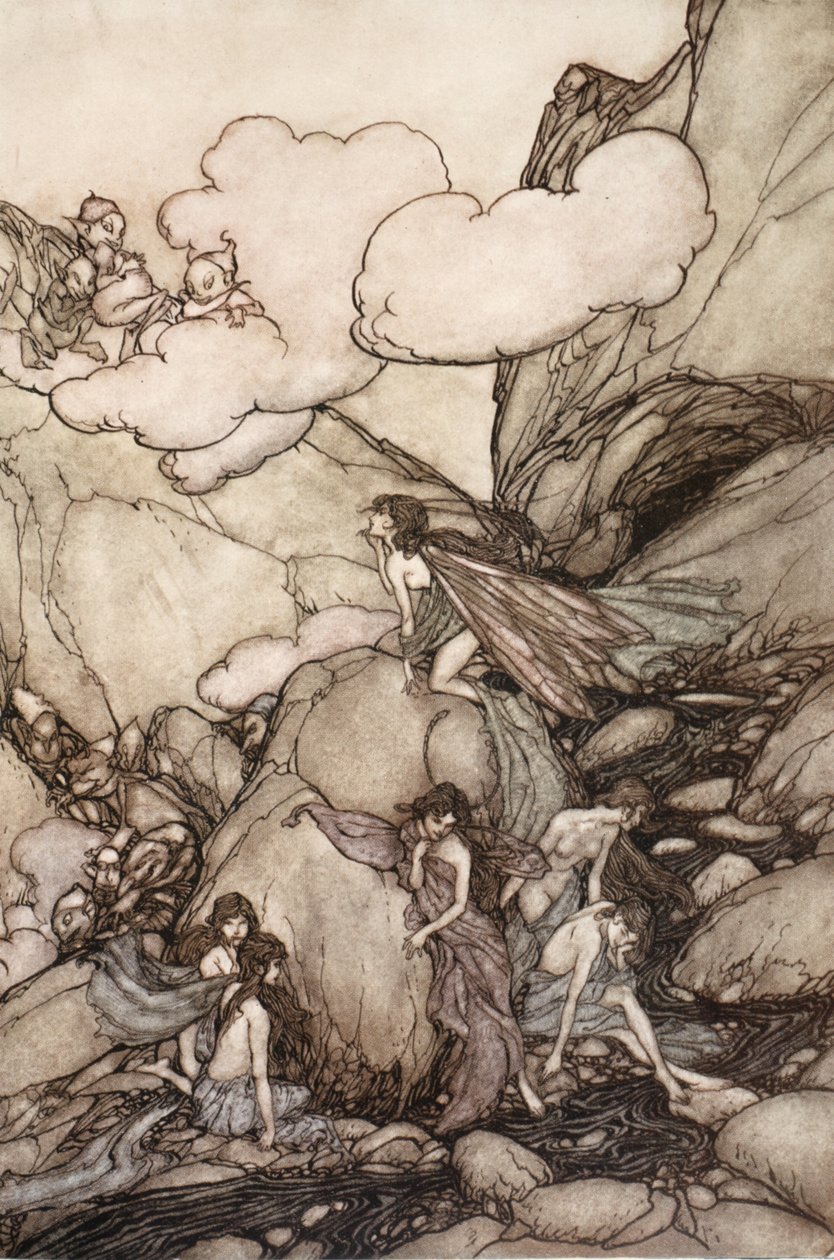 Disse fe-bjerge, fra Rip Van Winkle af Washington Irving, udg. 1910 af Arthur Rackham