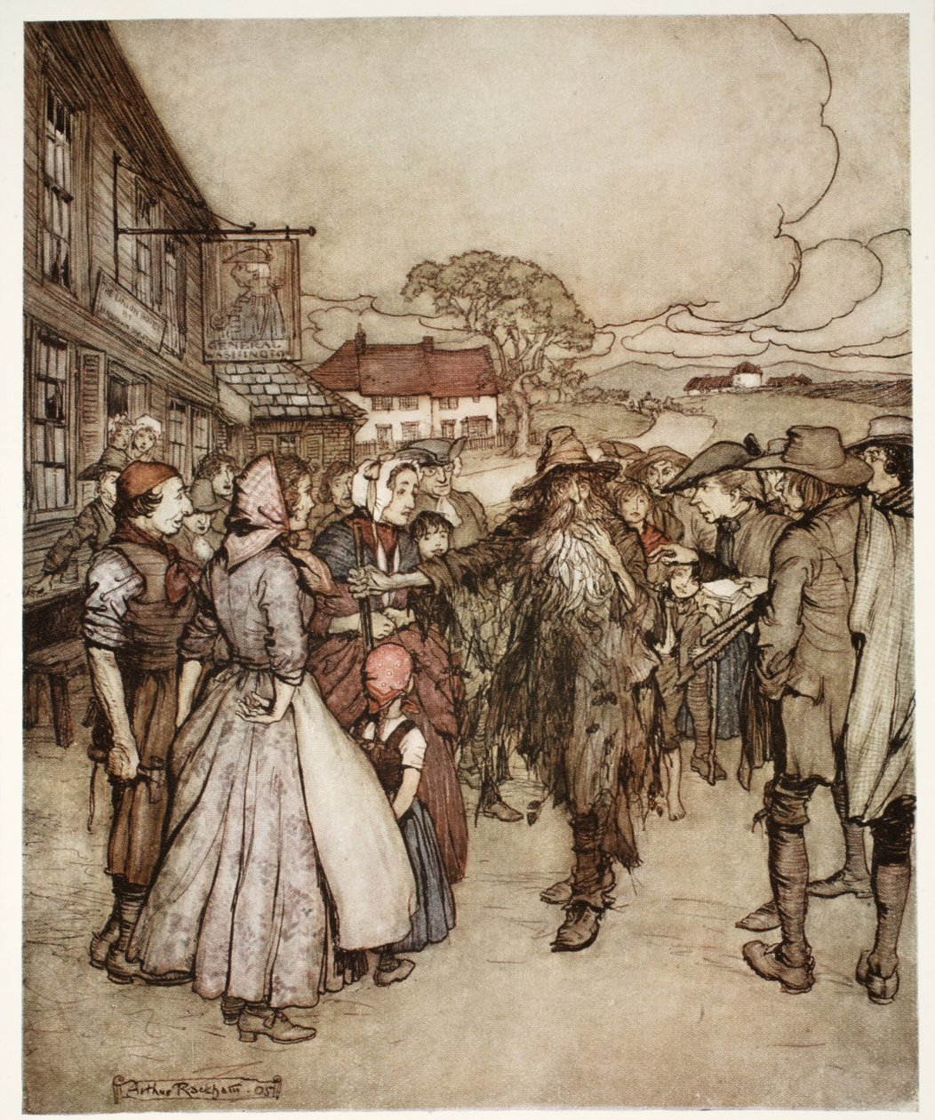 De stimlede sammen om ham og så mig fra top til fod med stor nysgerrighed., fra Rip Van Winkle af Washington Irving, pub. 1910 af Arthur Rackham