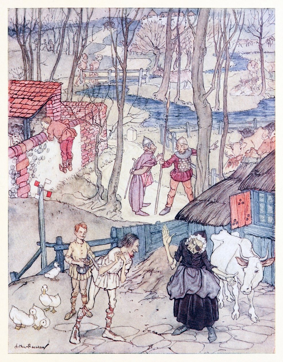 De tilbød en ko for hvert ben på hendes ko, men hun ville ikke acceptere det tilbud, medmindre Fiachna gik i kaution for betalingen. fra Mongans Frenzy in Irish Fairy Tales af Arthur Rackham