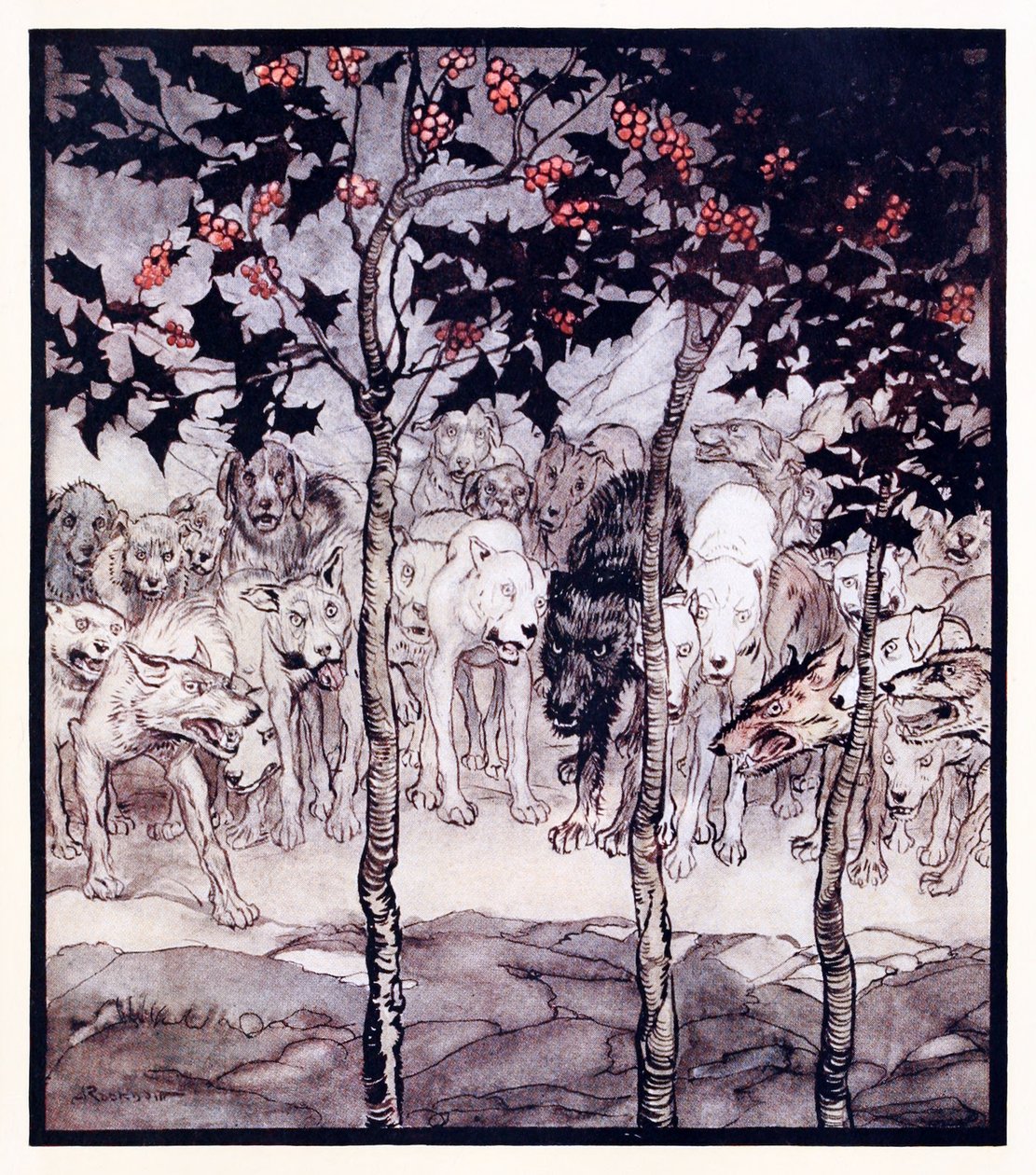 De stod udenfor, fyldt med vildskab og rædsel. fra The Enchanted Cave of Cesh Corran i Irish Fairy Tales af Arthur Rackham