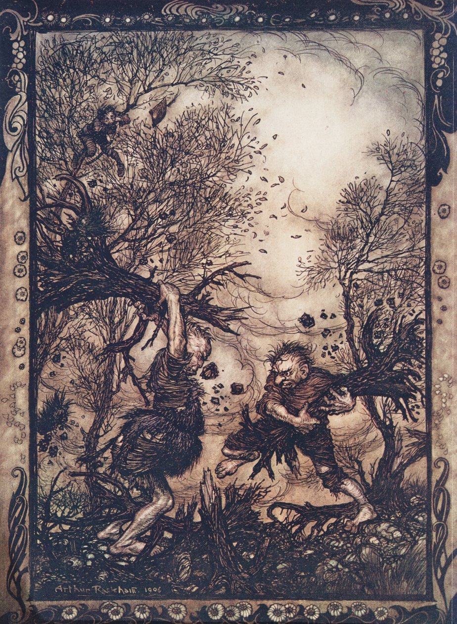 De arbejdede sig i sådan en raseri, at de rev træer op med rødderne og hakkede på hinanden, indtil de begge faldt døde, fra The Fairy Tales of the Brothers Grimm, pub. 1909 af Arthur Rackham