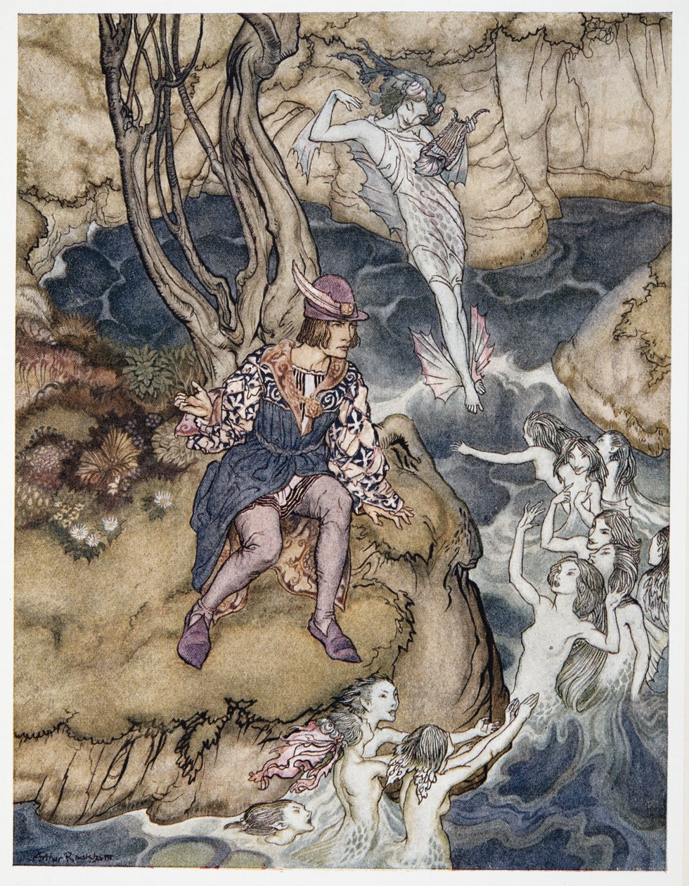 Denne musik sneg sig forbi be upon the waters, illustration fra William Shakespeares The Tempest, pub. 1926 af Arthur Rackham