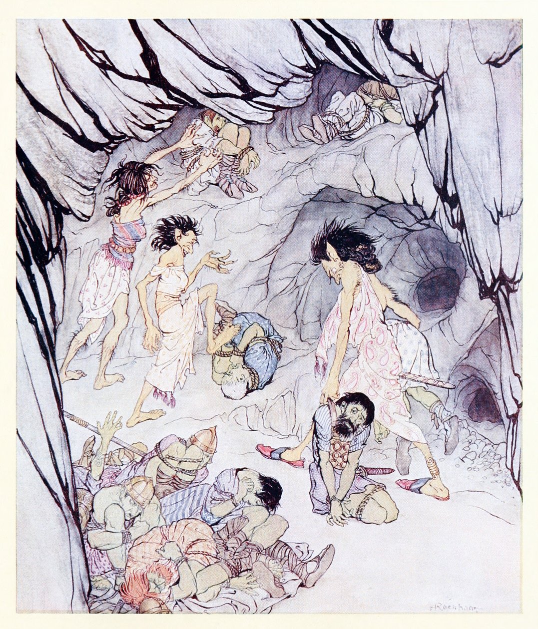 Den her er fed, sagde Cullen, og hun rullede en omfangsrig Fenian frem som ved rattet fra The Enchanted Cave of Cesh Corran i Irish Fairy Tales af Arthur Rackham