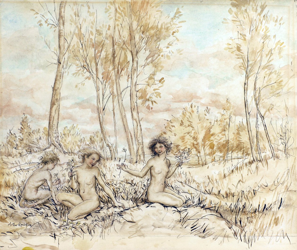 Tre trænymfer samler blomster (pen & blæk og wc på papir) af Arthur Rackham