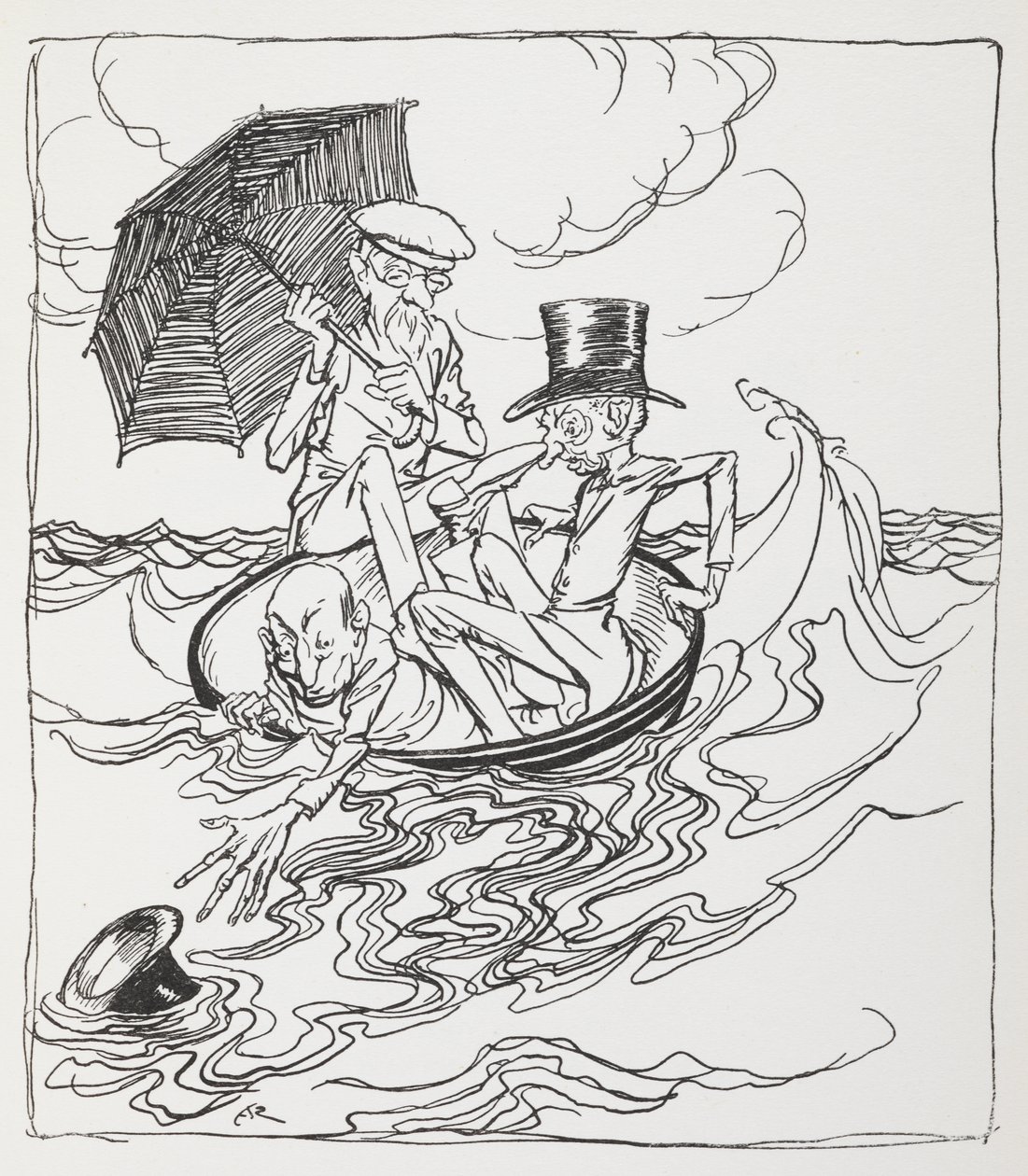 Tre mænd i en skål på havet. af Arthur Rackham