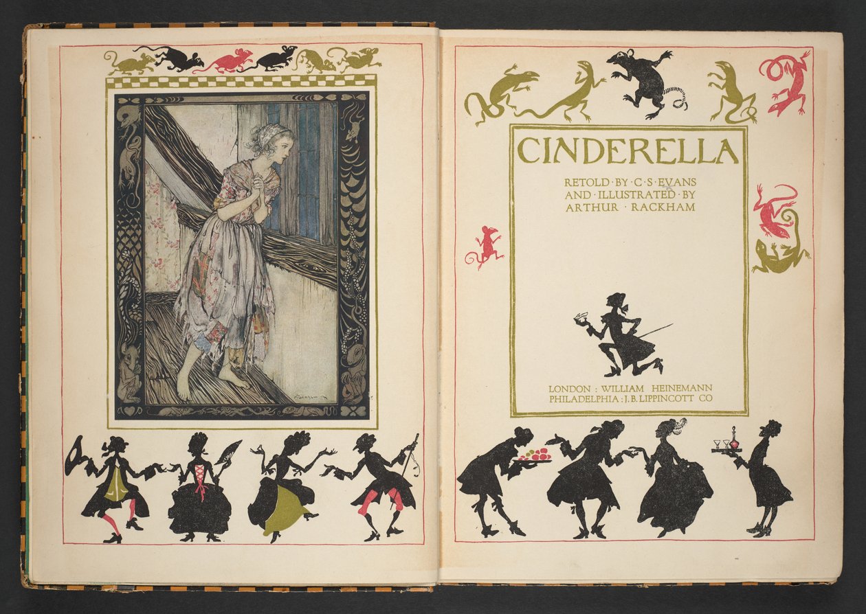 Titelside og frontispice fra Askepot, genfortalt af C.S. Evans og illustreret af Arthur Rackham af Arthur Rackham