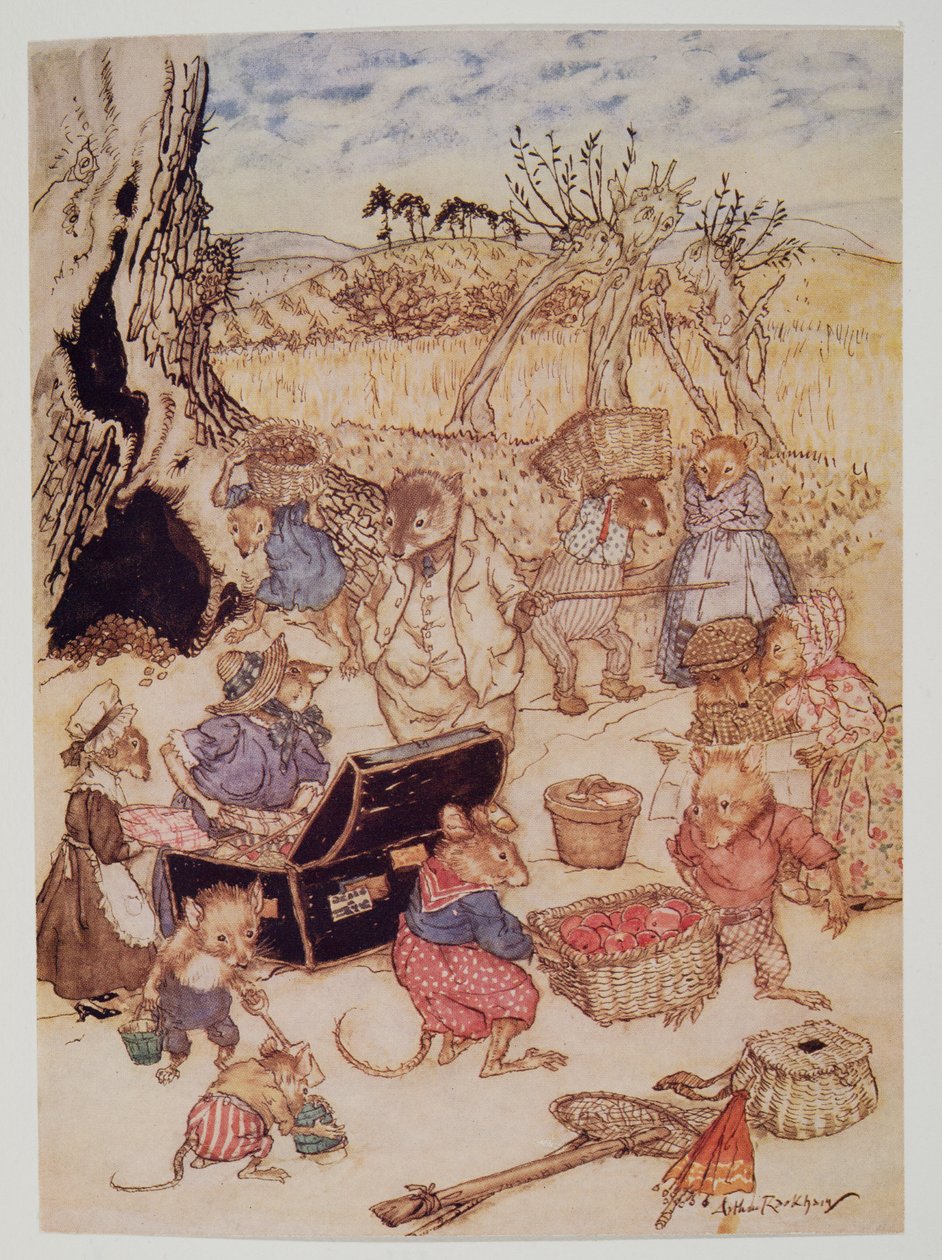 I dag var de dog høflige nok, men markmusene og høstmusene virkede optaget, fra Wind in the Willows af Kenneth Grahame (1859 - 1932), pub. 1940 af Arthur Rackham