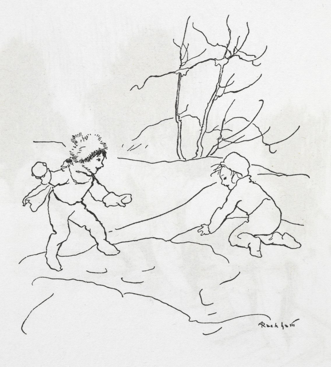 To børn i sneboldkamp af Arthur Rackham