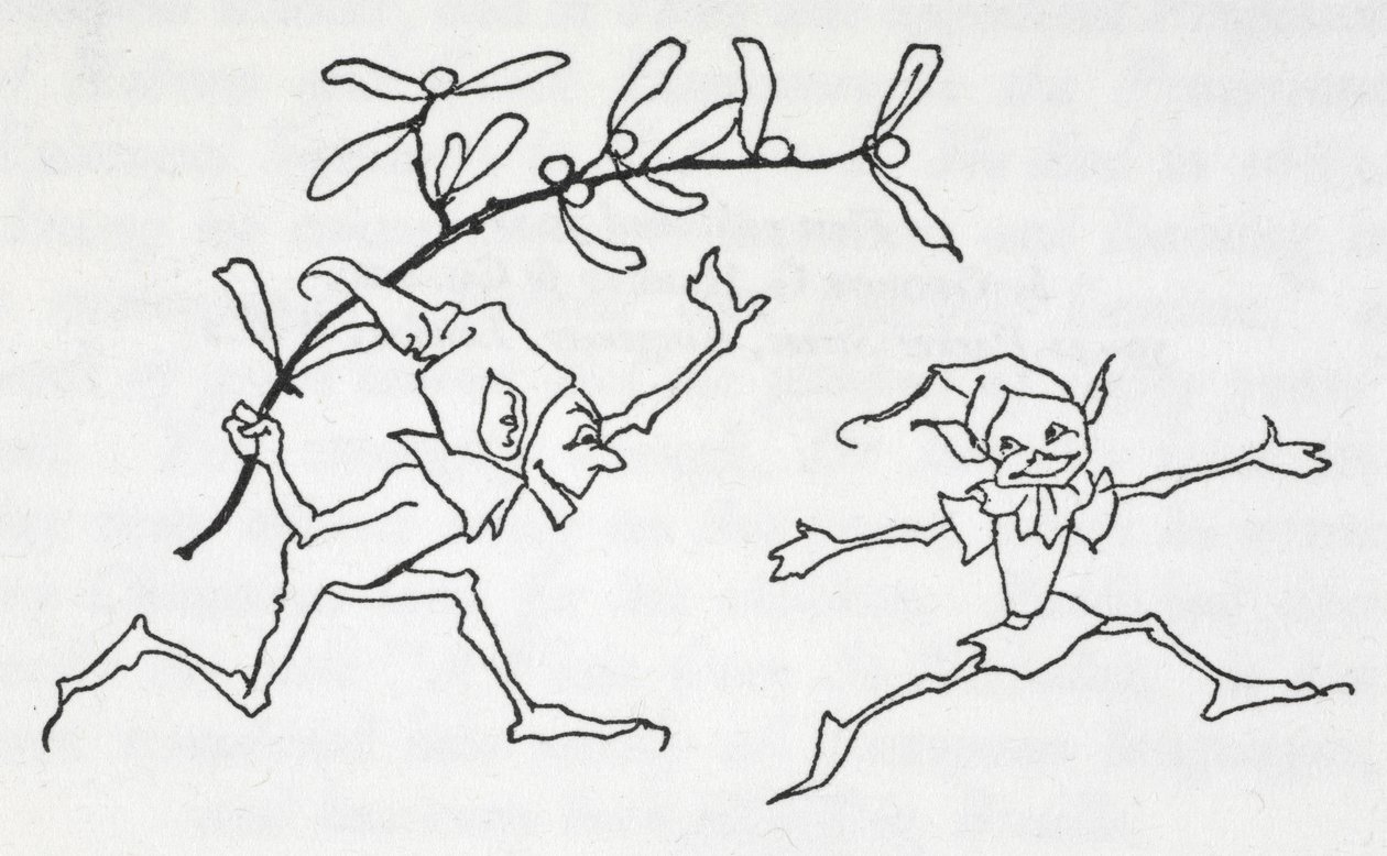 To elvere leger, den ene bærer en kvist mistelten af Arthur Rackham