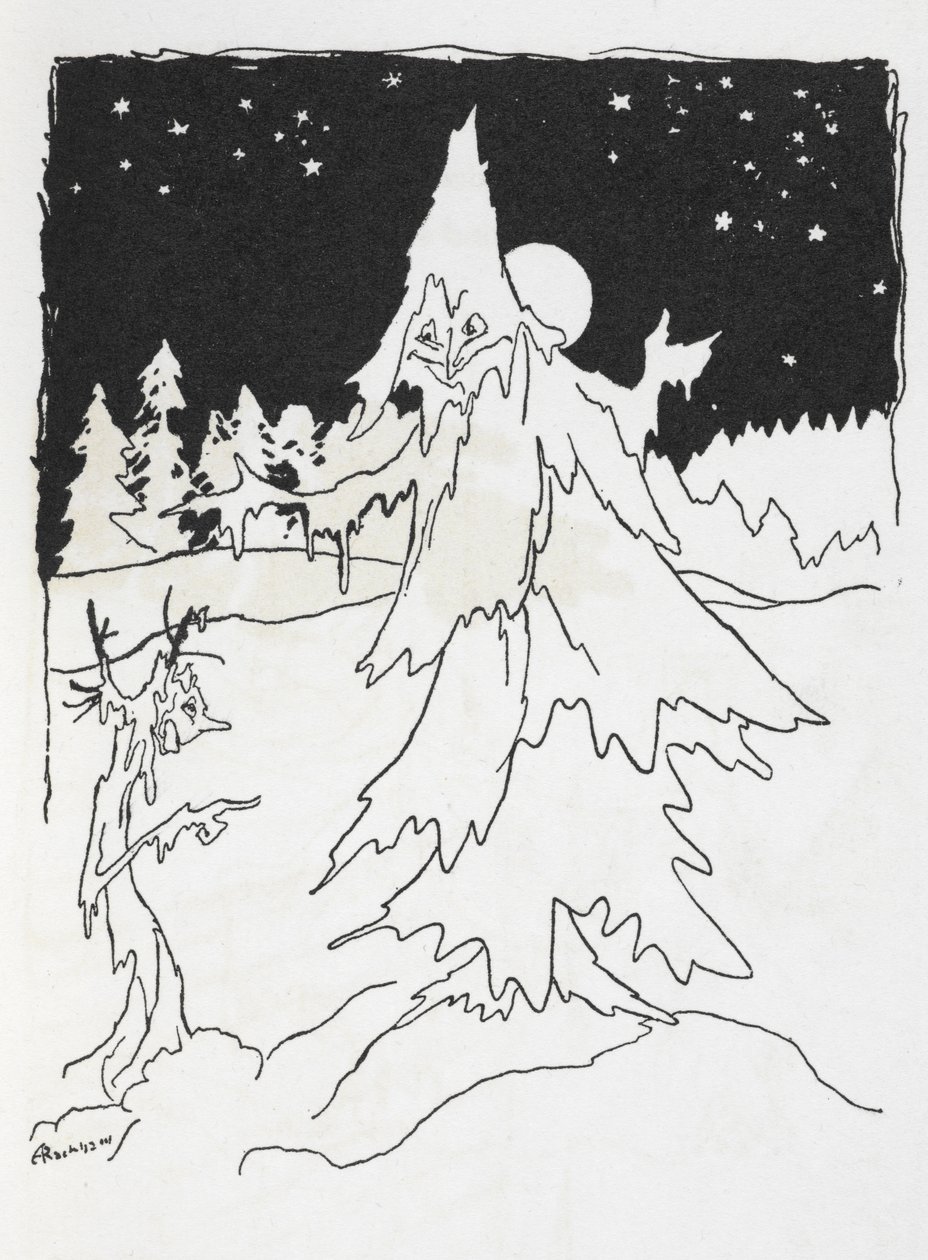To træmænd i en snedækket skov af Arthur Rackham