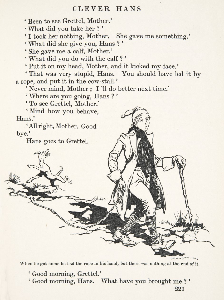 Da han kom hjem, havde han rebet i hånden, men der var intet for enden af det, fra The Fairy Tales of the Brothers Grimm, pub. 1909 af Arthur Rackham