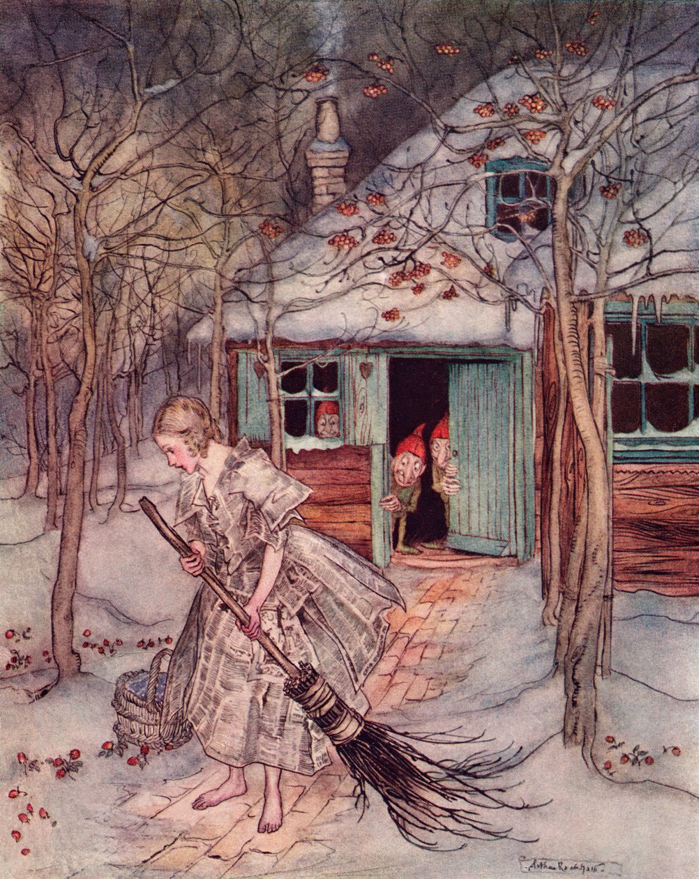 Hvad fandt hun der end rigtige modne jordbær. Illustration af Arthur Rackham fra Grimm