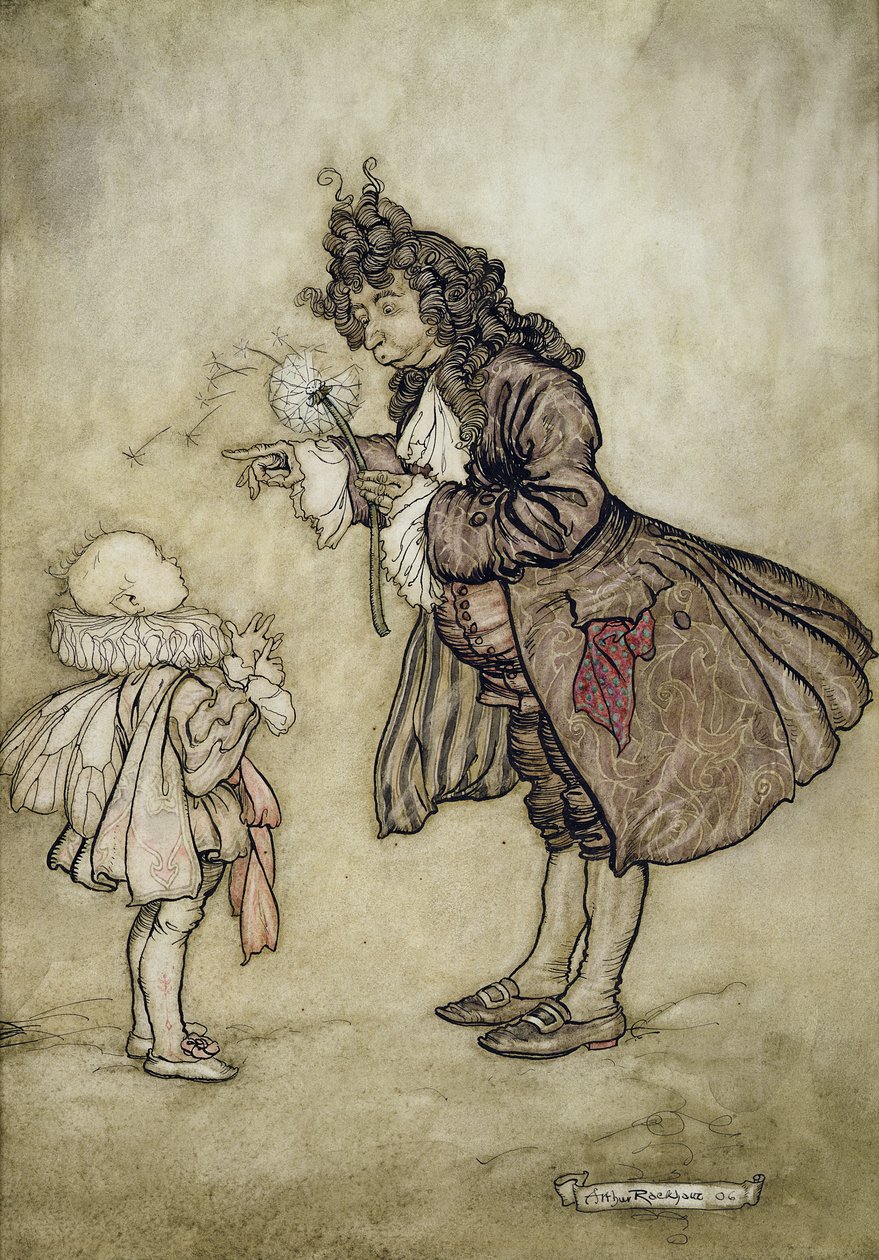 When Her Majesty Wants to Know the Time, fra Peter Pan i Kensington Gardens af J.M. Barrie, pub. af Hodder og Stoughton, 1906 (pen og blæk med wc på papir) af Arthur Rackham