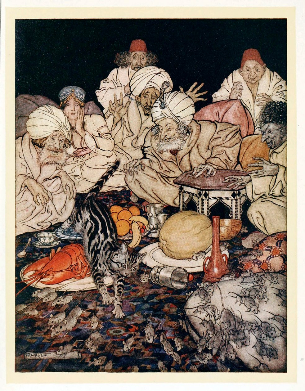 Da Puss så rotterne og musene, ventede hun ikke på at blive fortalt, fra engelske Fairy Tales, pub. 1922. af Arthur Rackham