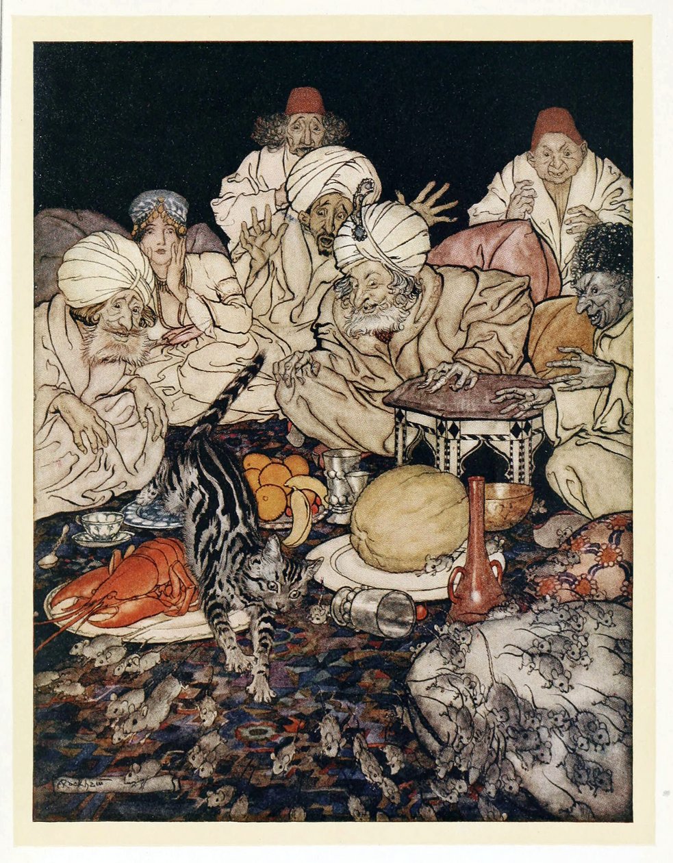 Da Puss så rotterne og musene, ventede hun ikke på at blive fortalt, fra engelske Fairy Tales, pub. 1922 af Arthur Rackham