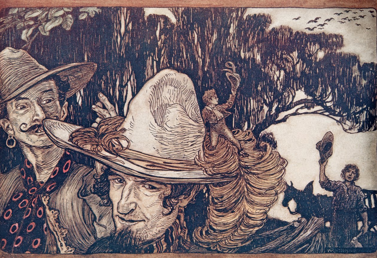 Da Tom havde sagt farvel til sin far, tog de af sted med ham .. , fra Brødrene Grimms eventyr, pub. 1909 af Arthur Rackham