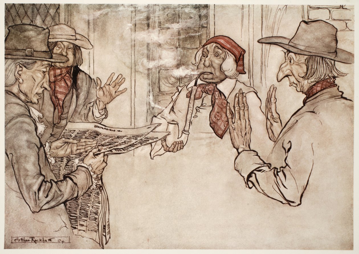 Når noget mishagede ham, blev han observeret til at ryge sin pibe heftigt og sende korte, hyppige og vrede sug., fra Rip Van Winkle af Washington Irving, pub. 1910 af Arthur Rackham