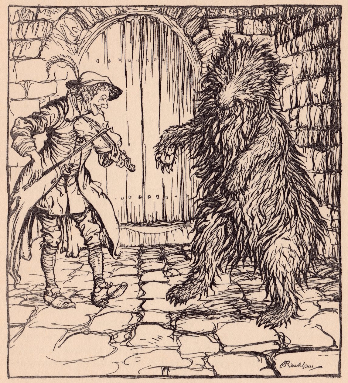 Da bjørnen hørte musikken, kunne han ikke lade være med at begynde at danse. Illustration af Arthur Rackham fra Grimm