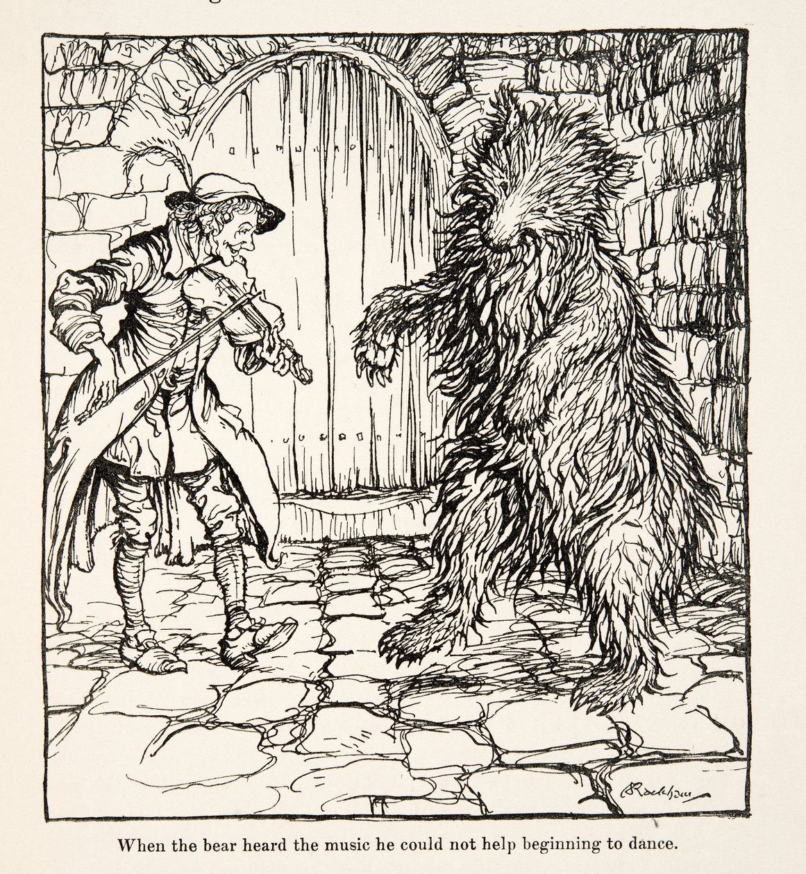 Da bjørnen hørte musikken, kunne han ikke lade være med at begynde at danse, fra Little Brother & Little Sister and Other Tales af brødrene Grimm, pub.1917 (litho) af Arthur Rackham