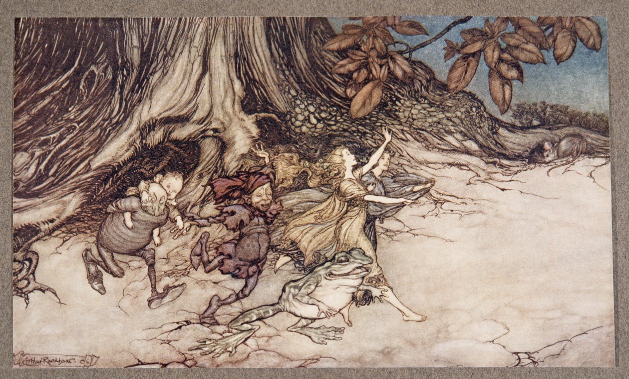 Når de tror, du ikke ser, springer de ret livligt af sted, fra Peter Pan i Kensington Gardens af J M Barrie (1860 - 1937), pub. 1906 af Arthur Rackham