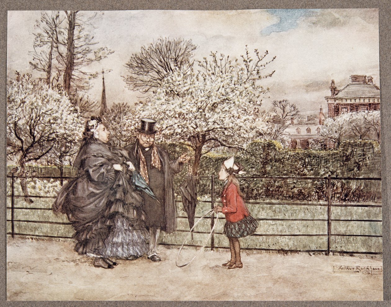Når man møder voksne mennesker i haverne, der puster og blæser, som om de troede sig større, end de er .. , fra Peter Pan i Kensington Gardens af J M Barrie (1860 - 1937), pub. 1906 (kolo af Arthur Rackham