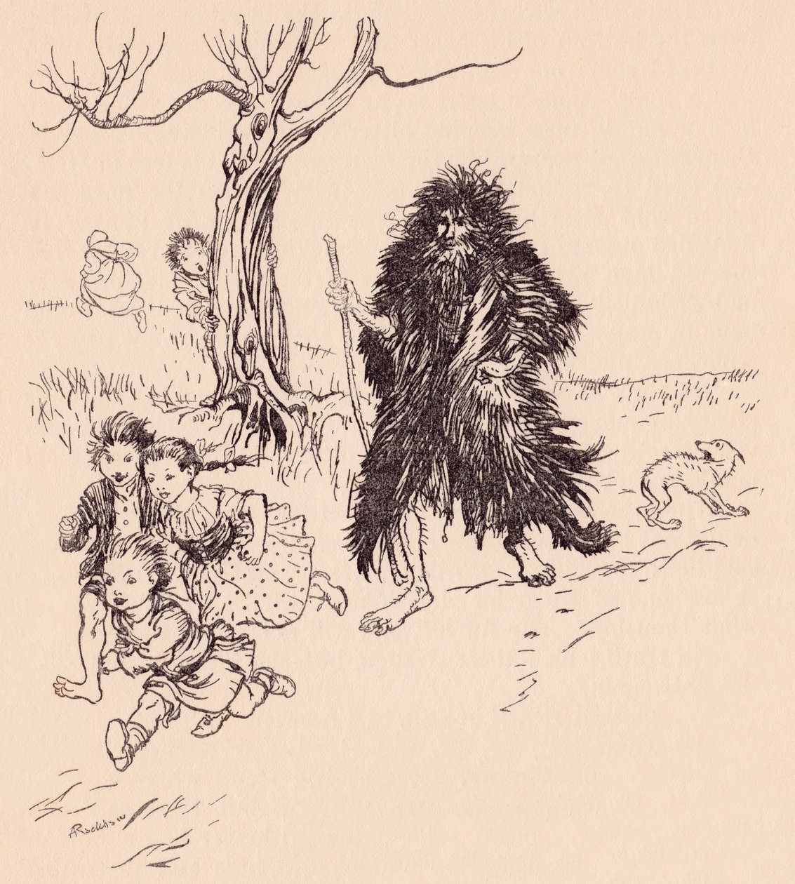 Den, der så ham, stak af. Illustration af Arthur Rackham fra Grimm