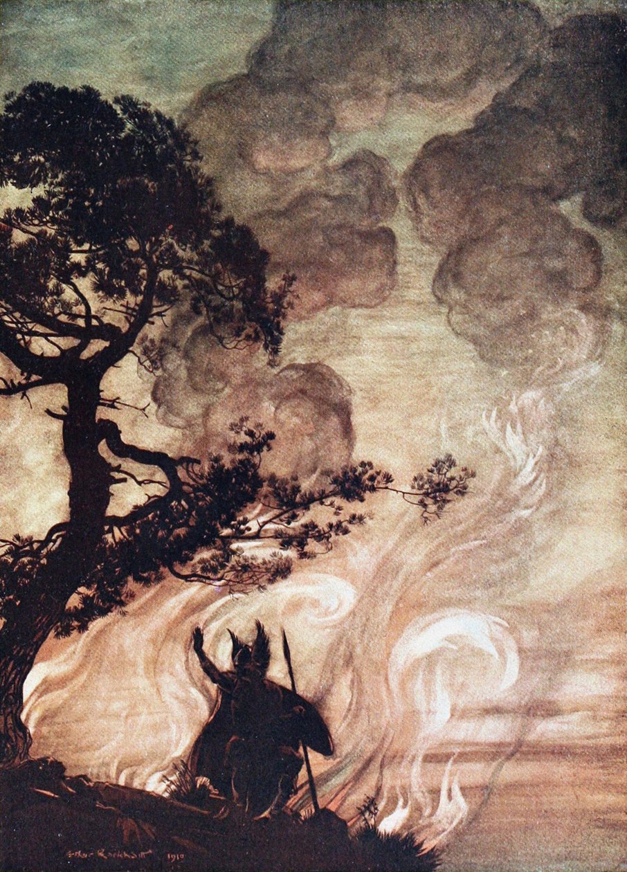 Wotan vender sig og ser bedrøvet tilbage på Brünnhilde. Illustration til Rhinegold og Valkyr af Arthur Rackham
